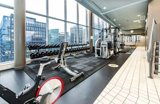 interior view of the rooftop fitness facility at the cielo vancouver