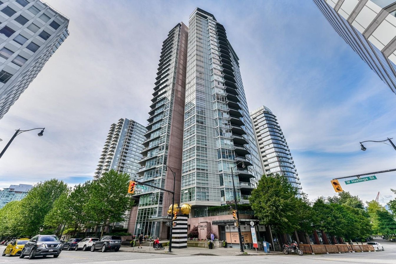 the exterior of the cielo vancouver building in coal harbour on the corner of west hastings street and bute street